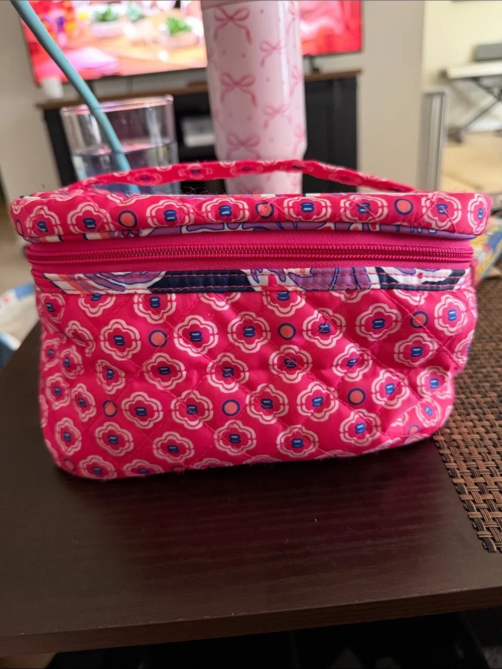 Modella Hot Pink Quilted Floral Cosmetic Case